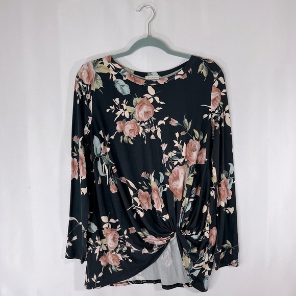 VIAMOR Tops - Viamor Dark Navy Floral Long-Sleeve Knotted Blouse Soft Lightweight Flowy Summer